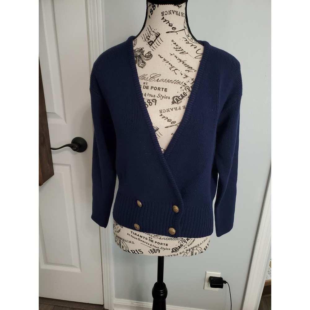 Victoria Jones Petite Navy Blue Double Breasted Gold Button Ribbed Cardigan PM